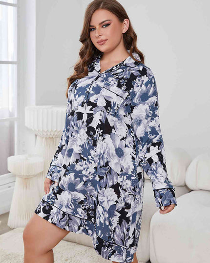 Plus Size Floral Lapel Collar Long Sleeve Night Dress