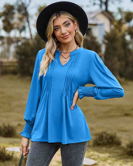 Notched Neck Flounce Sleeve Blouse