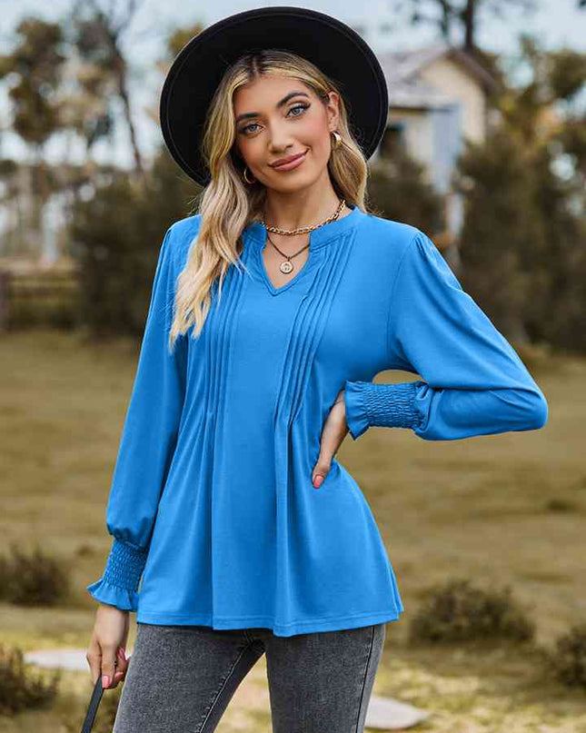 Notched Neck Flounce Sleeve Blouse