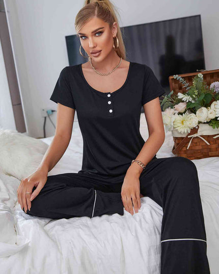 Scoop Neck Top and Elastic Waist Pants Lounge Set
