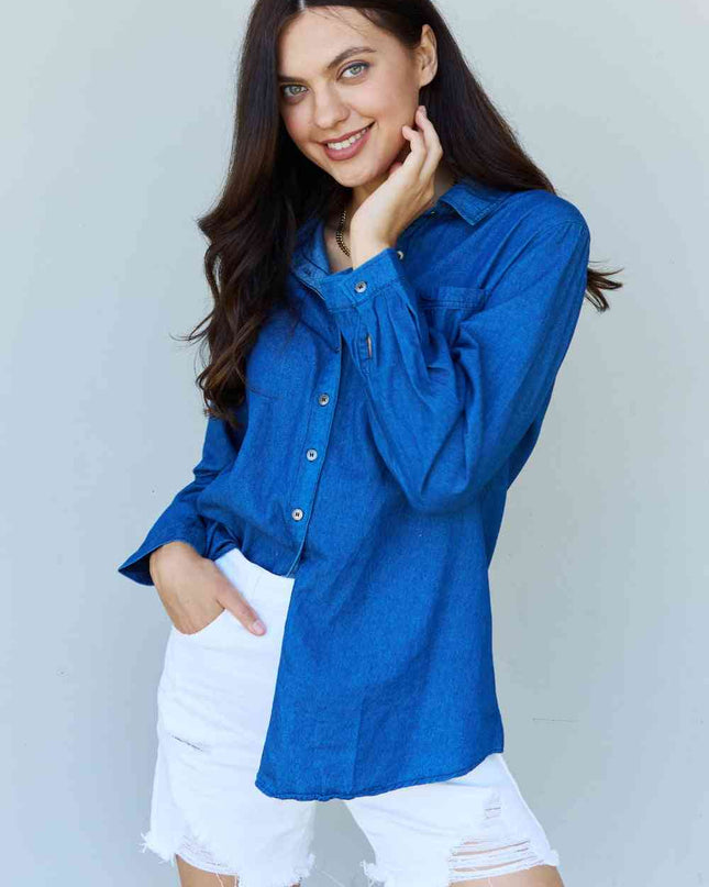 Doublju Blue Jean Baby Denim Button Down Shirt Top in Dark Blue