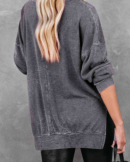 Waffle Knit Side Slit Drop Shoulder Sweatshirt