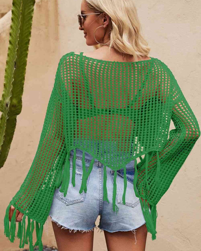 Tassel Hem Openwork Long Sleeve Cover Up