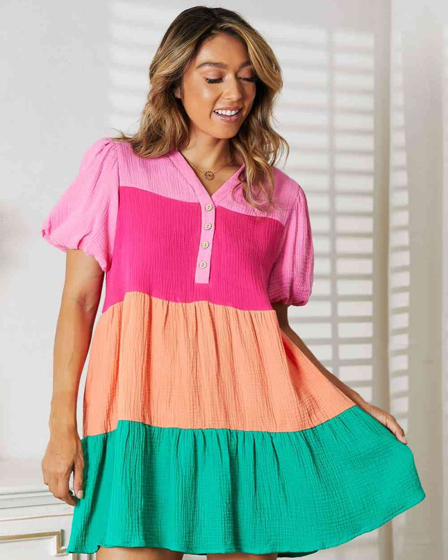 Double Take Color Block Buttoned Puff Sleeve Dress
