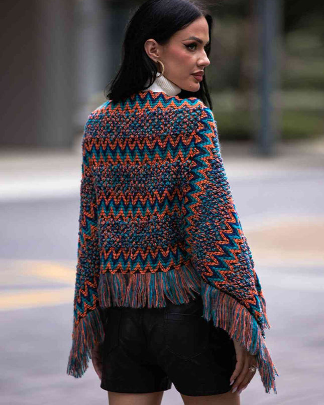 Fringe Hem Boat Neck Poncho