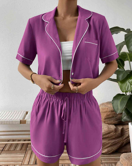 Contrast Lapel Collar Cropped Shirt and Shorts Lounge Set