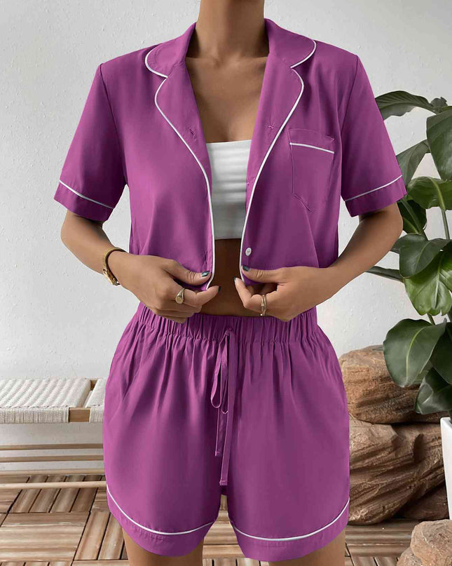 Contrast Lapel Collar Cropped Shirt and Shorts Lounge Set