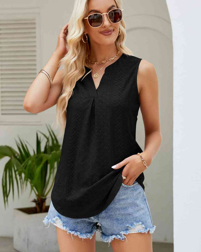 Notched Neck Curved Hem Eyelet Tank
