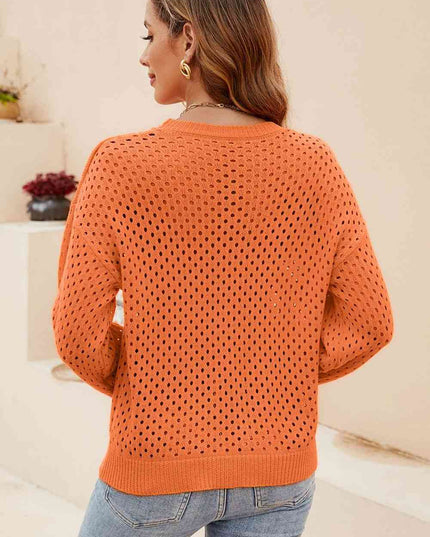 Round Neck Openwork Dropped Shoulder Knit Top