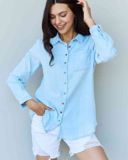 Doublju Blue Jean Baby Denim Button Down Shirt Top in Light Blue