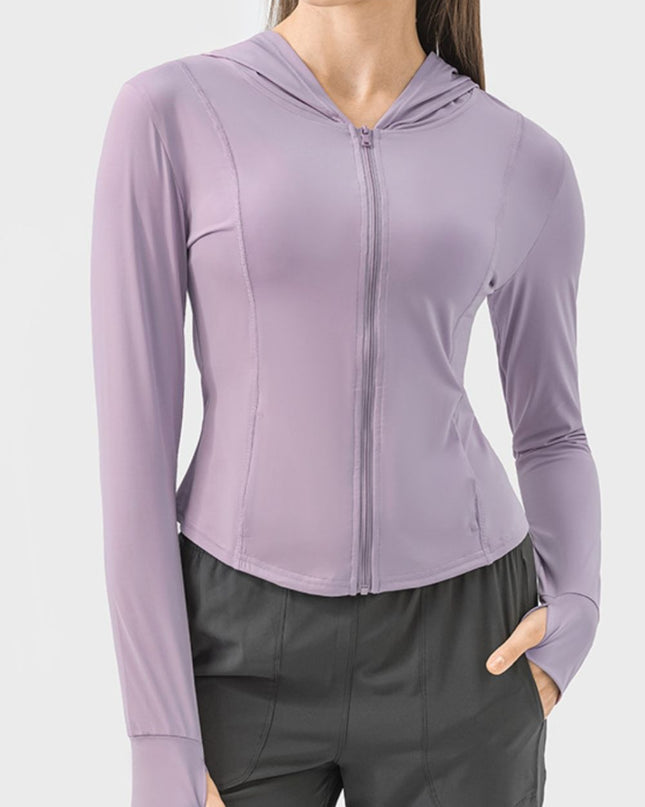 Pocketed Zip Up Hooded Long Sleeve Active Outerwear