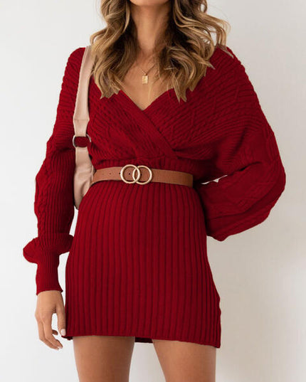 Surplice Neck Long Sleeve Sweater Dress
