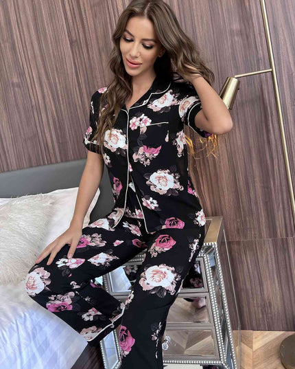 Floral Short Sleeve Shirt and Pants Lounge Set