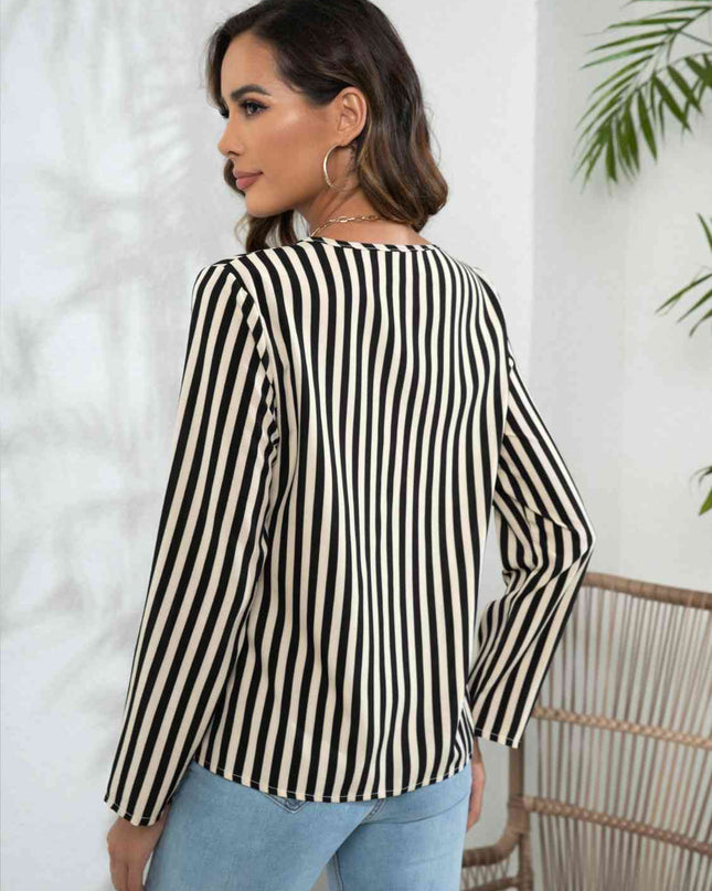 Striped Long Sleeve Notched Blouse