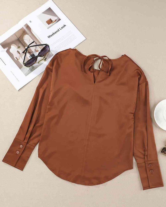 Cowl Neck Dropped Shoulder Long Sleeve Back Tie Blouse