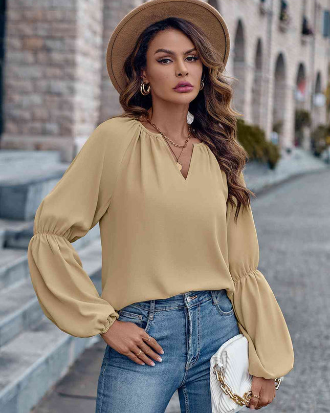 Notched Neck Long Sleeve Top