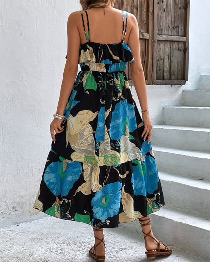 Floral Double-Strap Ruffle Hem Dress