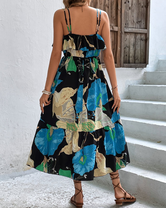 Floral Double-Strap Ruffle Hem Dress