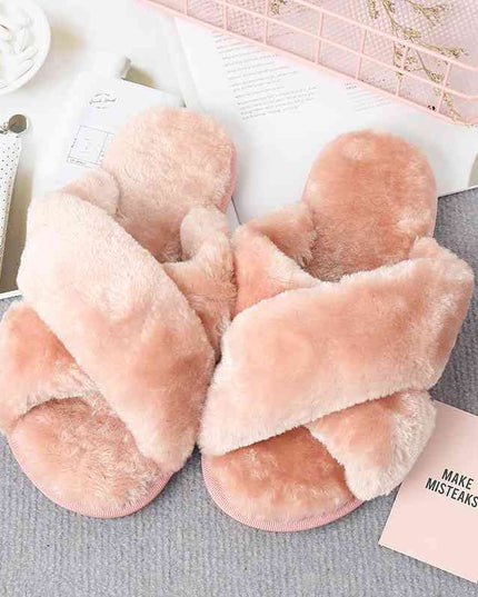 Faux Fur Crisscross Strap Slippers