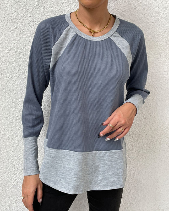 Waffle-Knit Round Neck Raglan Sleeve Tee