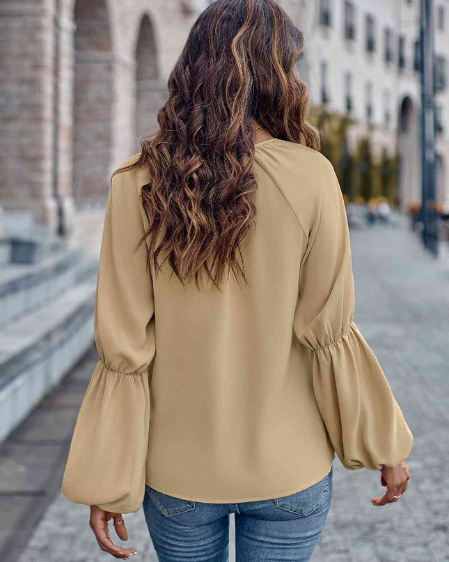 Notched Neck Long Sleeve Top