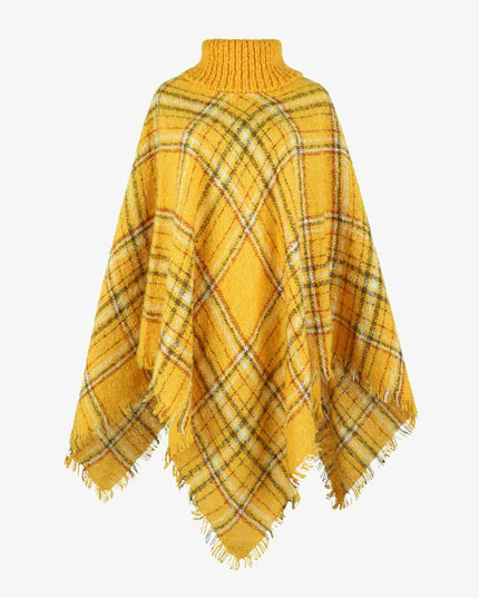 Plaid Turtleneck Fringe Hem Poncho