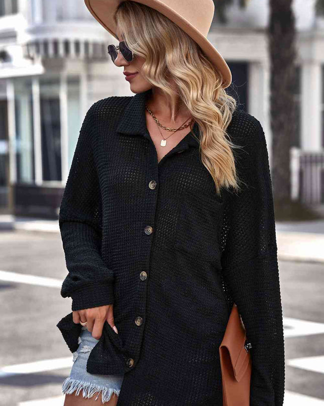 Waffle-Knit Collared Neck Dropped Shoulder Shirt