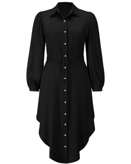 Drawstring Button Up Balloon Sleeve Dress