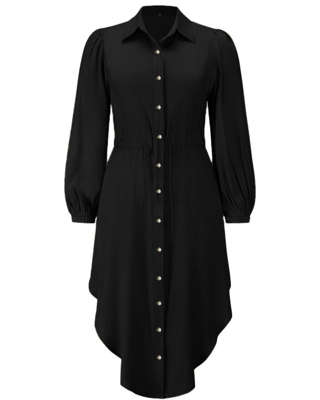 Drawstring Button Up Balloon Sleeve Dress