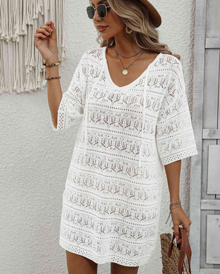Openwork V-Neck Mini Knit Dress