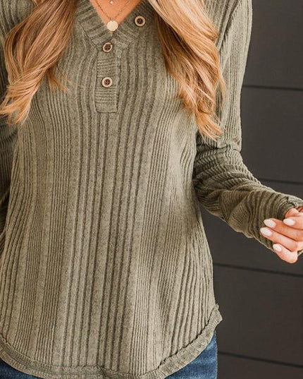 Ribbed Buttoned Long Sleeve Blouse