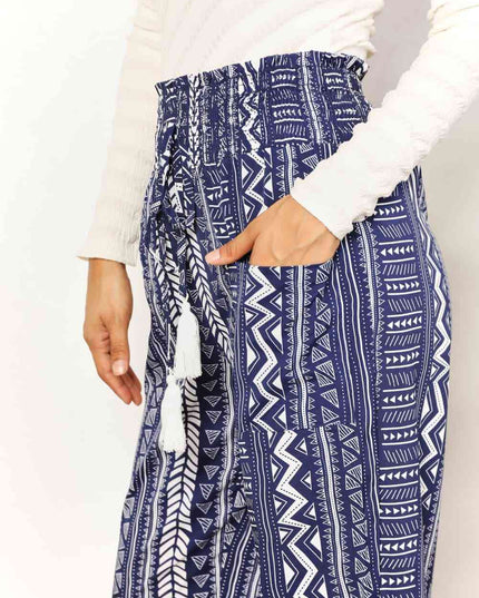 Double Take Geometric Print Tassel High-Rise Pants