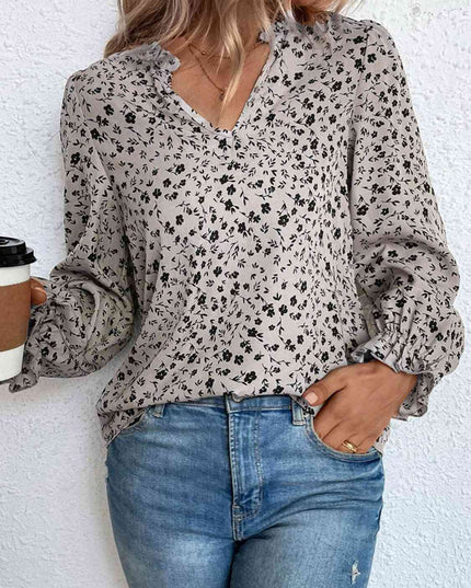 Notched Neck Flounce Sleeve Blouse