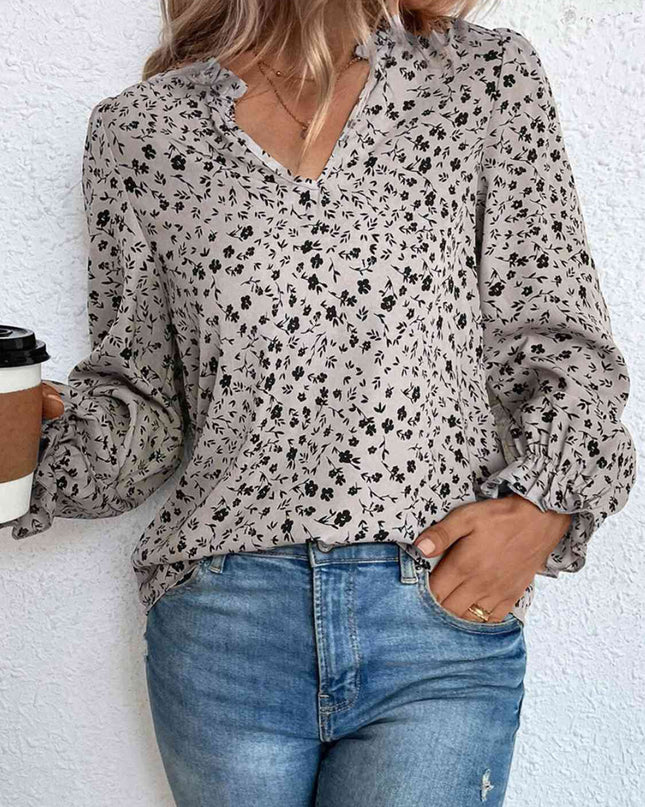 Notched Neck Flounce Sleeve Blouse
