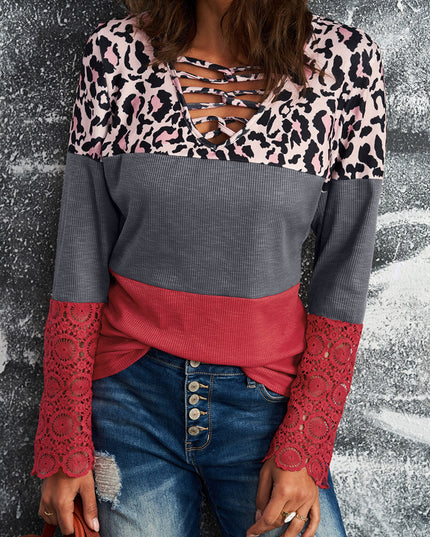 Leopard Print Lace-Up Spliced Lace Top