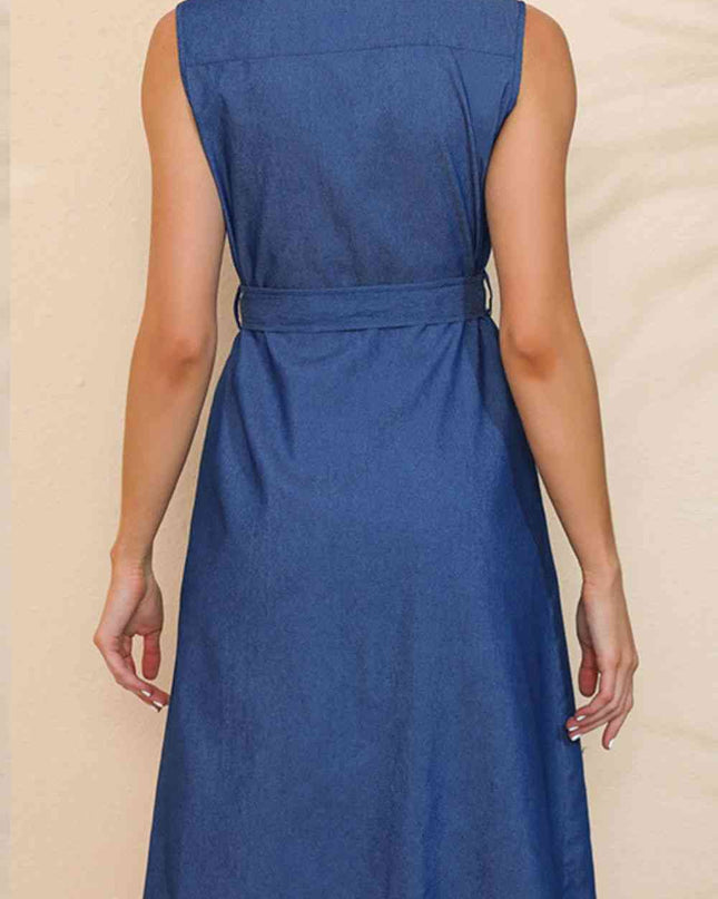 Button Front Belted Sleeveless Collared Shirt Dress