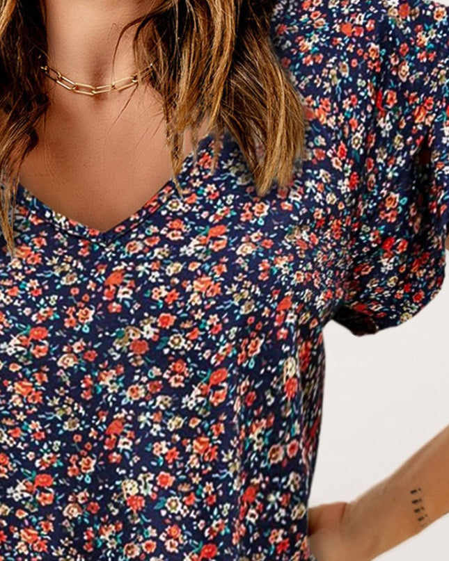 Floral Flutter Sleeve V-Neck Blouse