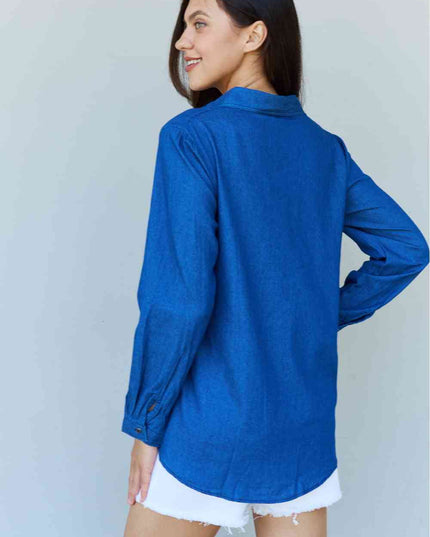 Doublju Blue Jean Baby Denim Button Down Shirt Top in Dark Blue