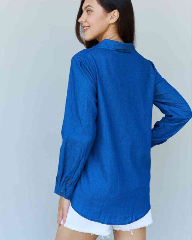 Doublju Blue Jean Baby Denim Button Down Shirt Top in Dark Blue