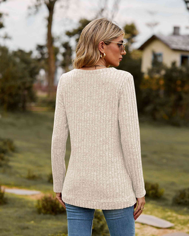 Ribbed V-Neck Long Sleeve Tee