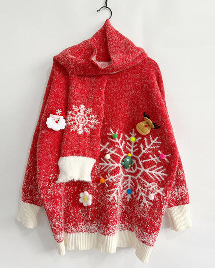 Christmas Element Round Neck Sweater and Scarf Set