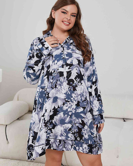 Plus Size Floral Lapel Collar Long Sleeve Night Dress