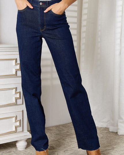 Judy Blue Full Size Raw Hem Straight Leg Jeans with Pockets