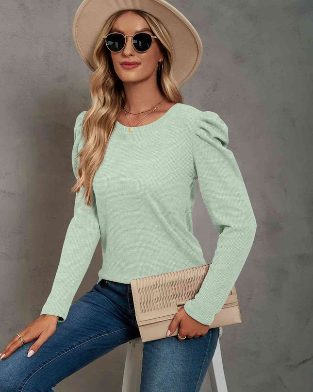 Waffle-Knit Puff Sleeve Round Neck Top