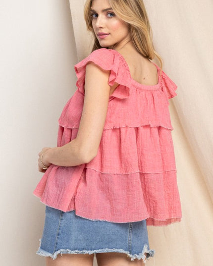 ODDI Full Size Buttoned Ruffled Top