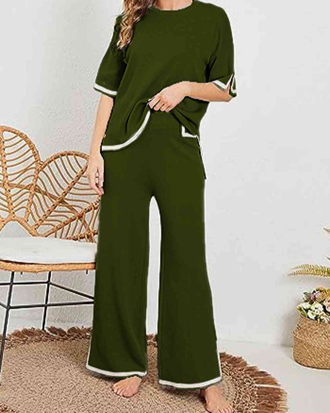 Contrast High-Low Sweater and Knit Pants Set