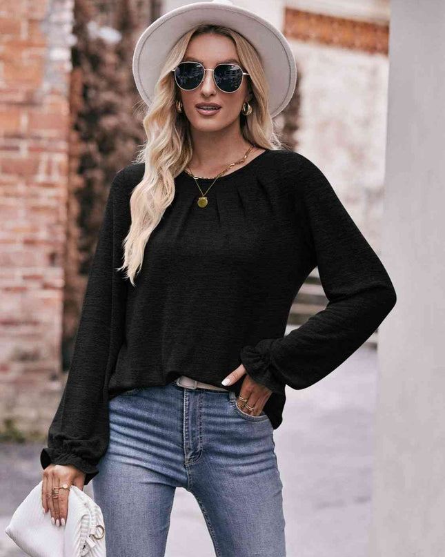 Double Take Long Flounce Sleeve Round Neck Blouse