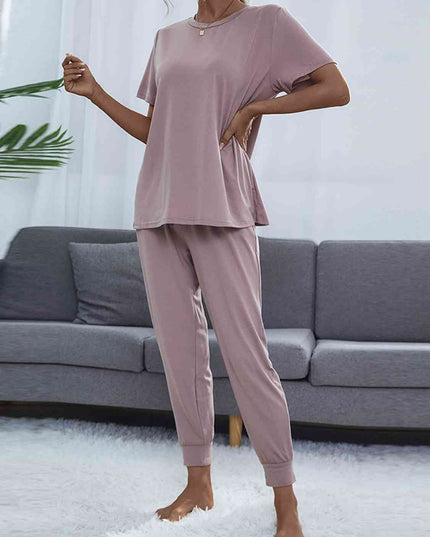 Round Neck Short Sleeve Top and Pants Set