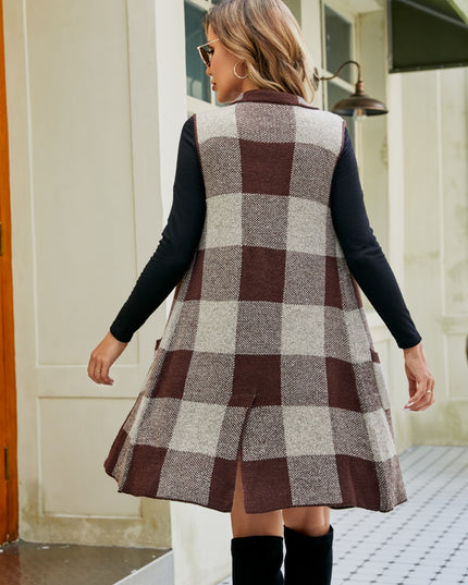 Plaid Lapel Collar Sleeveless Cardigan