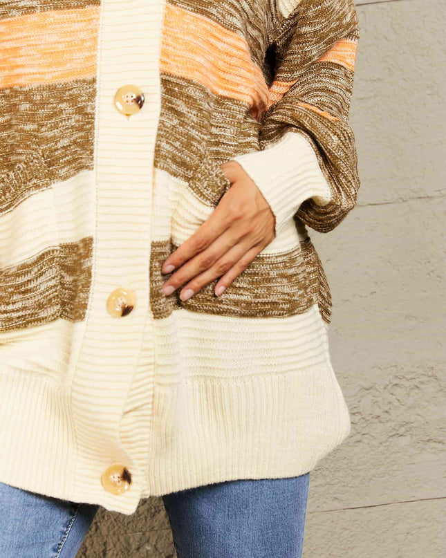Woven Right Striped Button Down Longline Cardigan with Pockets